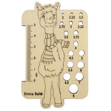 Load image into Gallery viewer, Wooden knitting needle gauge with Alpaca design and measurement markings on a white background