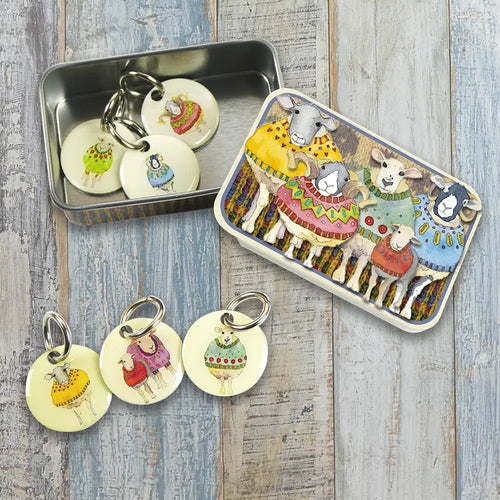 Sheep in Sweaters stitch markers in a pocket tin