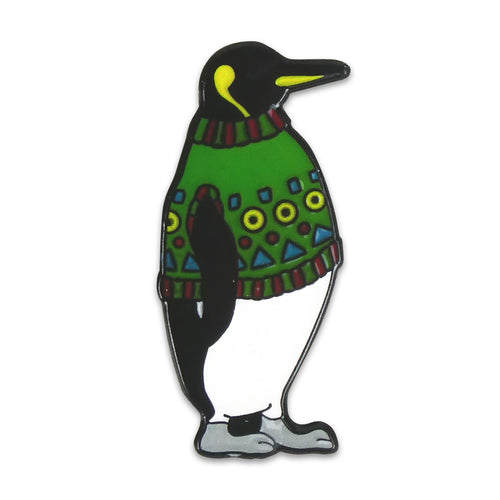 Penguin in a green pullover enamel pin